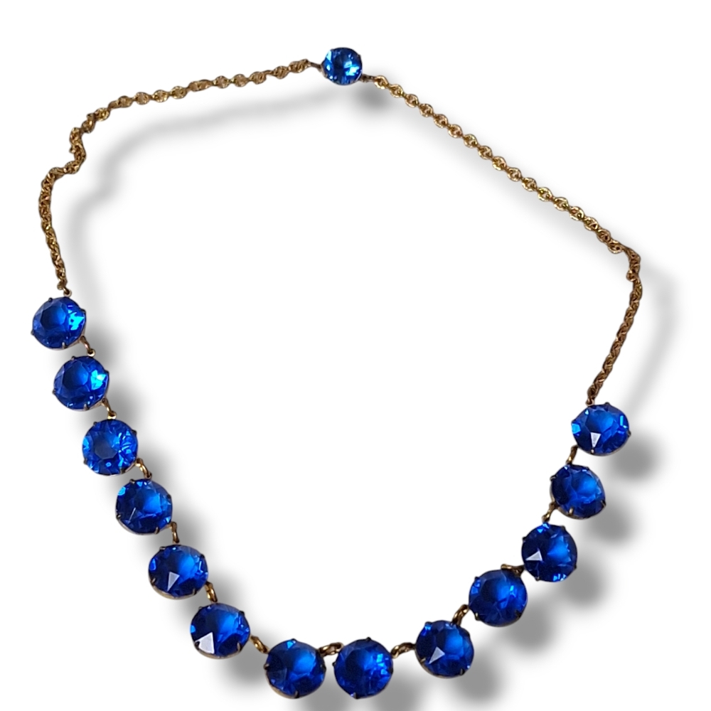 Antique Riviere Art Deco Gold Tone Sapphire Blue Glass Necklace 15" 1920s 1930s - Picture 15 of 16